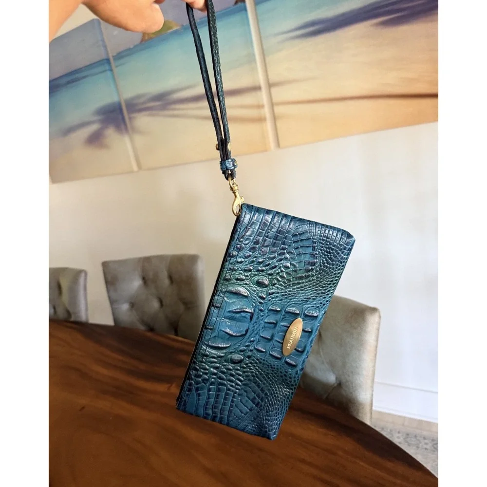 Brahmin Melbourne Peacock Blue Croc Embossed Leather Wristlet Clutch Wallet